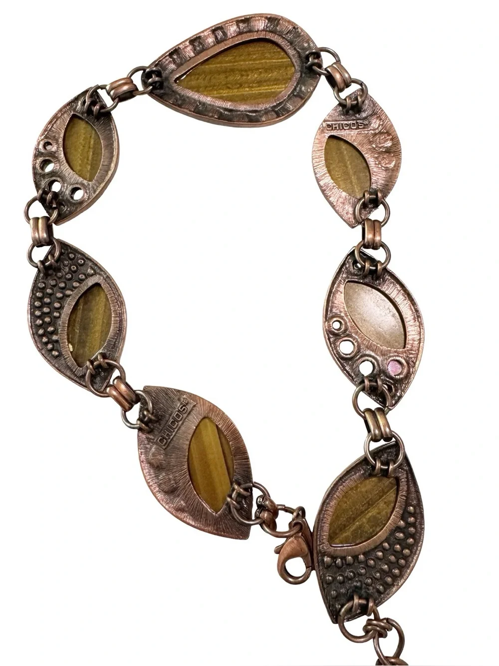 Chico’s Tiger Eye Purple Rhinestone Copper Tone Chain Belt